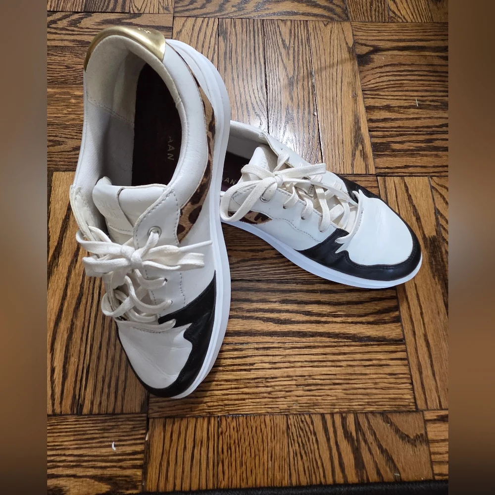 Cole Haan Women's White & Black Leather Leopard-Accent Sneaker Grand Crosscourt - Picture 2 of 16